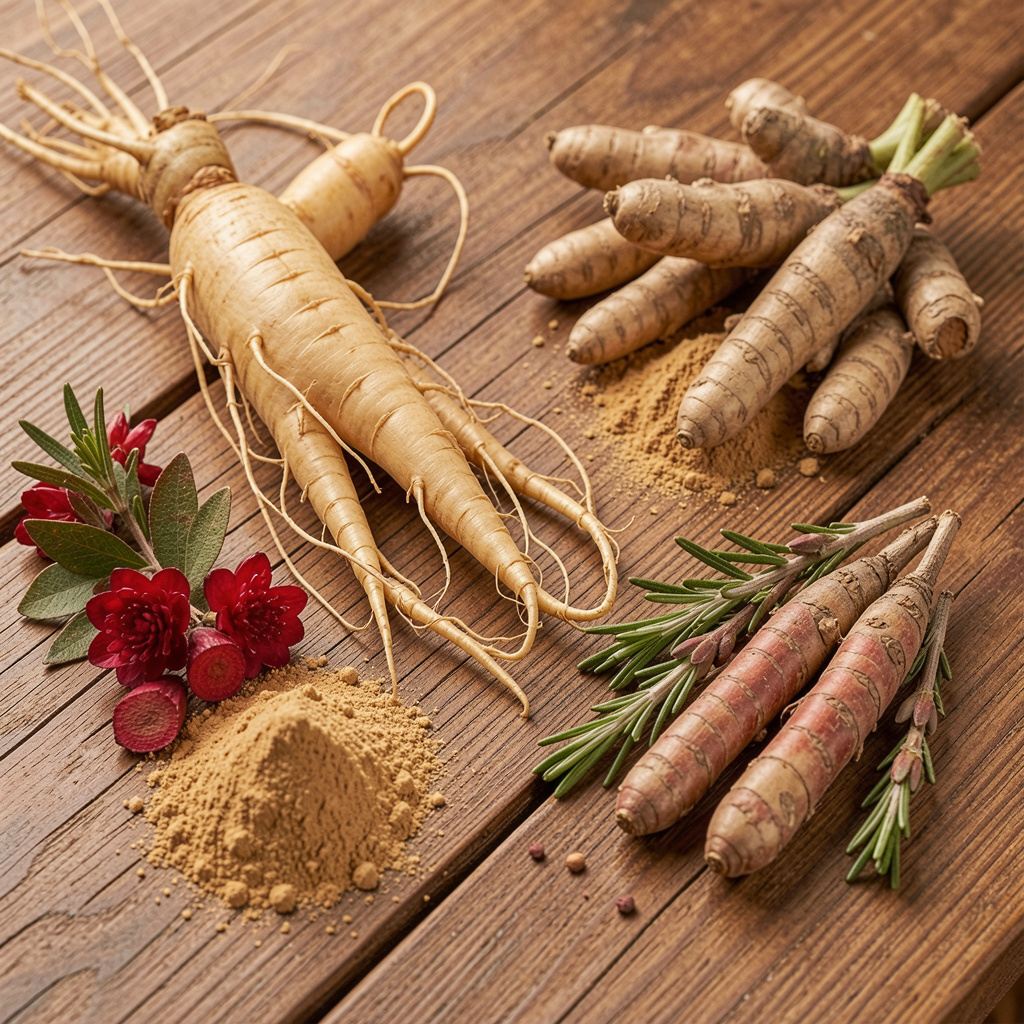 Organic botanical ingredients including ginseng, rhodiola, and ashwagandha roots displayed on natural wooden surface